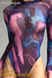 Huidianyin Tie Dye Bodysuit Long Sleeve Lingerie Body Uncensored Tight Fitting Woman Crotchless Mesh Sexy Tops See Through Outfit 0409