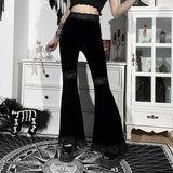 Huidianyin Goth High Waist Flared Pants Aesthetic Sexy Lace Patchwork Women's Pants Vintage Elegant Velvet Christmas Trousers