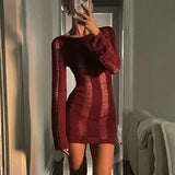 Huidianyin Sexy Sheer Knitted Dress Women Bodycon Long Sleeve Hollow Out Mini Dresses Femme Club Sexy Backless Knitwear Dress Womens