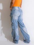 Huidianyin Simenual 2000s Aesthetics Multi Pockets Loose Denim Long Pants Casual Grunge Punk Holes Straight Trousers Y2K Streetwear Jeans