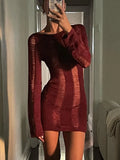 Huidianyin Sexy Sheer Knitted Dress Women Bodycon Long Sleeve Hollow Out Mini Dresses Femme Club Sexy Backless Knitwear Dress Womens