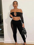 Huidianyin Simenual Baddie Fashion Mesh Tansparent Two Piece Sets Hotsweet Sexy Hollow Out Crop Tops Skinny Pants High Elastic Co Ord Suits