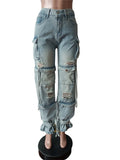 Huidianyin Simenual 2000s Aesthetics Multi Pockets Loose Denim Long Pants Casual Grunge Punk Holes Straight Trousers Y2K Streetwear Jeans