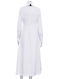 Huidianyin Side Slit Long Dress For Women White Elegant Turn Collar Tie Midi Dresses Femme 2024 New Street Loose Slender Dress Woman