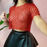 Huidianyin Mesh Splice Sequins Cover-up Women Sexy See Through Short Sleeve Crop Tops Ladies 2024 Party Beach Shirts Cover Up Femme