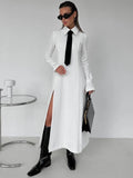 Huidianyin Side Slit Long Dress For Women White Elegant Turn Collar Tie Midi Dresses Femme 2024 New Street Loose Slender Dress Woman