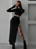 Huidianyin Side Slits Lace Up Skirt Sets Sexy Slim Solid Bodycon Crop Tops Woman High Waist Maxi Skirts 2 Piece Suits Womens Outfits