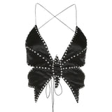 Huidianyin Crystal Diamond Butterfly Crop Tops 2024 Summer Sexy Backless Lace Up Tank Tops Hot Girl Streetwear Y2K Tops Tee Vest