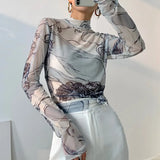 Huidianyin Print Mesh Blouse Women Shirts Turtleneck Long Sleeve See Through Sexy Top Ladies Sheer Designer Y2K Top Clothing Autumn