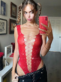 Huidianyin Diamonds Sleeveless Bodysuit Lingerie Sexy Top Femme Hot Drill Deep V-Neck Hollow Out Lace Body Tops Sparkly Party Wear
