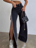 Huidianyin High Waisted Side Split Out Jeans Women Casual Loose Cargo Black Pants Streetwear Summer Wide Leg Long Baggy Y2k Jeans