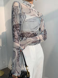 Huidianyin Print Mesh Blouse Women Shirts Turtleneck Long Sleeve See Through Sexy Top Ladies Sheer Designer Y2K Top Clothing Autumn