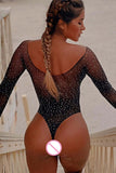 Huidianyin Off Shoulder Fishnet Bodystocking Sexy Transparent Glitter Long Sleeve Bodysuit See Through Exotic Costumes Porn Tights 0409