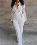 Huidianyin Lace Plunge Long Sleeve Jumpsuit Bodysuit V Neck Sequined Lace Up Slim Solid Color Sexy Summer Women