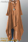 Huidianyin Women Vintage Plaid Checked Sundress Summer Long Sleeve Casual Mid-calf Dress Robe Femme Asymmetrical Hem Vestido Kaftan