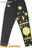 huidianyin Sun Star Printed Pants Jeans Women Autumn Black High Waist Young Girls Chic Denim Trousers Woman Cool Boyfriends Jeans