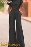 Huidianyin Women Pants Set 2023 Casual Solid Short Sleeve Tops Palazzo Suits Femme High Waist Zipper Office Long Trouser Set Oversize