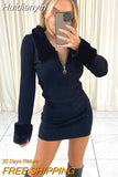 Huidianyin 2023 Autumn Winter Women Lambswool Patchwork Long Sleeve Turn Down Collar V Neck Ribbed Mini Dress Bodycon Sexy Party