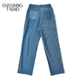 huidianyin striped Women's jeans trousers straight high waist denim fabric blue female pants casual chic girl jeans