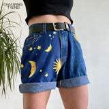 huidianyin Moon Sun Print Loose Fit Denim Shorts For Female 2023 Summer New Hemming Blue Boyfriend Style Women's Short Pants