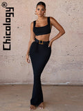 Huidianyin 2023 2 Piece Matching Sets Crop Top High Waist Long Skirt Knitted Slim Elegant Party Streetwear Women Outfit Wholesale