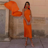 Huidianyin 2023 Asymmetric Knitted Dresses For Women Orange Cape Summer Long Dress Women Off Shoulder Elegant Evening Party Dresses