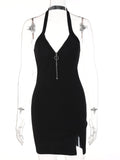 Huidianyin 2023 Women Mini Dress Halter Zipper Bodycon Sleeveless Slit Solid Black Dress Sexy Summer Party Club Prom Clothes
