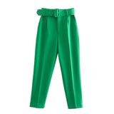 Huidianyin Women's Green Pants with Belt High Waisted Straight Leg Green Trousers Woman Chic Lady Formal Suit Pants 2023 New