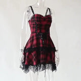 Huidianyin Dark Wind Summer New Gothic Plaid Style Girdle Waist-Deep V Suspender Dress Woman