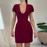 Huidianyin Sexy V Collar Waist Shows Thin Short-Sleeved Dress Temperament Slim Casual Pure Color Hip Skirt Woman