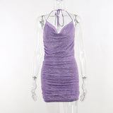 Huidianyin Drill Chain Hanging Neck Collar Sexy Bare Back Dress Shrunken Pleats Show Thin Spicy Girls Short Skirt