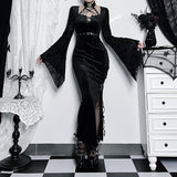 Huidianyin Autumn Style New Style Slim Velvet Dress With Dark Goth Horn Sleeves Tied With Forks