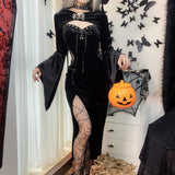 Huidianyin Halloween New Women's Dress Suit Hat Horn Sleeve Spider Web Dress