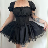 Huidianyin Shoulder Lace Spliced Dress Dark Style Waist Shows A Thin And Fluffy Short Skirt Woman