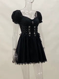 Huidianyin Cross Print Strap Shoulder Lace Spliced Dress Dark Sexy Slim Princess Dress