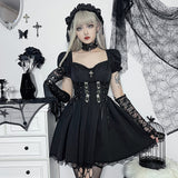 Huidianyin Cross Print Strap Shoulder Lace Spliced Dress Dark Sexy Slim Princess Dress