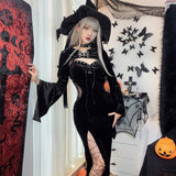 Huidianyin Halloween New Women's Dress Suit Hat Horn Sleeve Spider Web Dress