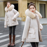 Cotton Suit Women 2024 Winter Long Plus Velvet Big Wool Collar Down Cotton Suit Korean Version Of Thick Warm Tide Cotton-Padded Jacket