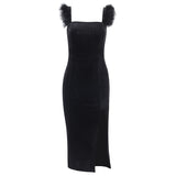 Huidianyin Knitted Square Collar Wool Suspender Forked Dress 2024 Spring Women's Fashion Sexy Slim Dress