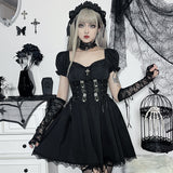 Huidianyin Cross Print Strap Shoulder Lace Spliced Dress Dark Sexy Slim Princess Dress