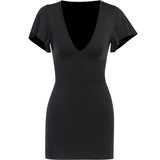 Huidianyin Sexy V Collar Waist Shows Thin Short-Sleeved Dress Temperament Slim Casual Pure Color Hip Skirt Woman