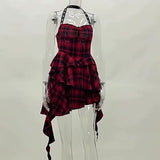 Huidianyin Summer Fashion Fashion Spice Girl With Bare Back And Slim Red Lattice Irregular Neck Dress