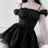 Huidianyin Shoulder Lace Spliced Dress Dark Style Waist Shows A Thin And Fluffy Short Skirt Woman