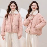 Style Cotton-Padded Clothes Women 2024 New Winter New Chinese Cotton-Padded Jacket Bow Splicing Wool Collar Thick Coat Women's Clothing