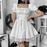 Huidianyin Shoulder Lace Spliced Dress Dark Style Waist Shows A Thin And Fluffy Short Skirt Woman