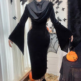 Huidianyin Halloween New Women's Dress Suit Hat Horn Sleeve Spider Web Dress