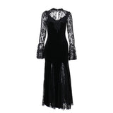 Huidianyin Autumn New Style Sexy Micro-Transparent Slim Dress Dark Lace Fishtail Long-Sleeved Dress Woman