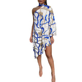 Huidianyin New Fashionable Sexy Lotus Leaf Edge Printed One-Sleeve Open-Shoulder Dress