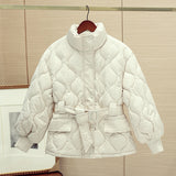 Chic Autumn And Winter French Gentle Standing Collar Wave Embossed Design With Waist Long Sleeve Padded Coat Female