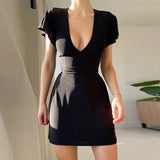 Huidianyin Sexy V Collar Waist Shows Thin Short-Sleeved Dress Temperament Slim Casual Pure Color Hip Skirt Woman